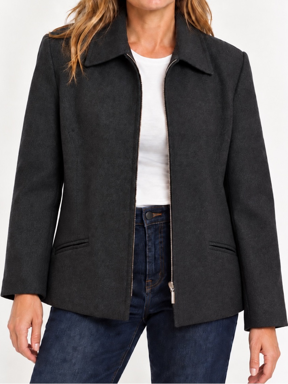 Lands’ End dark Charcoal 100% Wool Zip Front Jacket Size 14